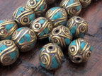 4 Beads-Nepalese oval shape brass beads with turquoise inlay from Nepal - BD520s
