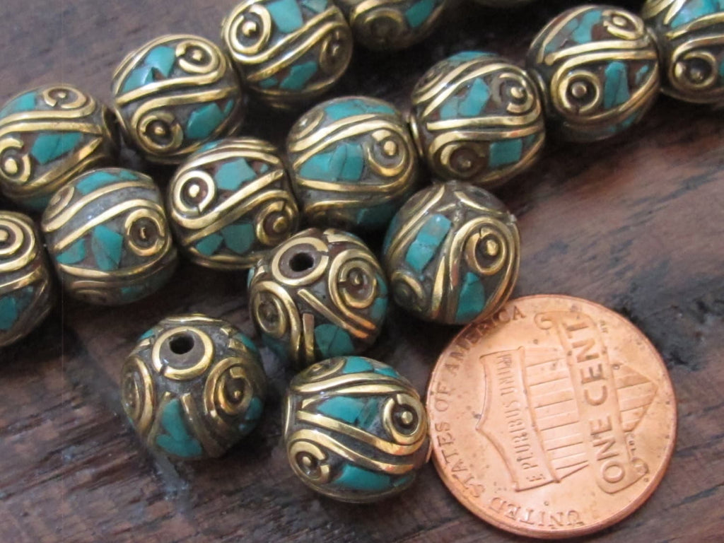 4 Beads-Nepalese oval shape brass beads with turquoise inlay from Nepal - BD520s
