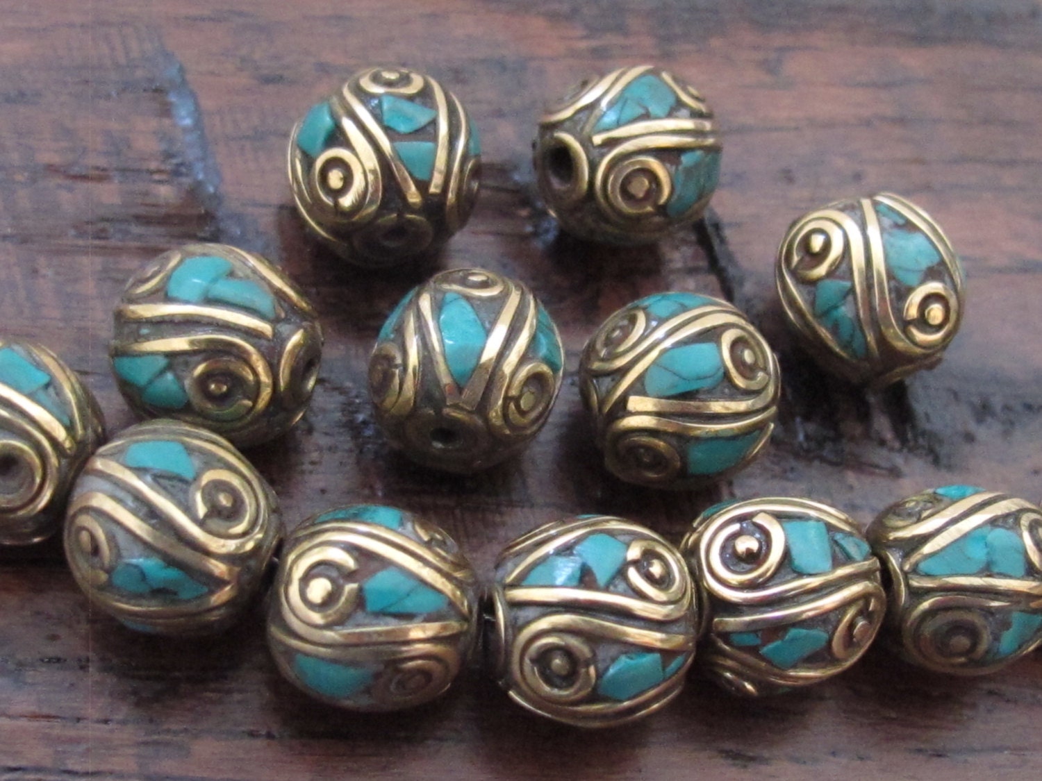 2 Beads-Nepalese oval shape brass beads with turquoise inlay from Nepal - BD520