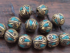 4 Beads-Nepalese oval shape brass beads with turquoise inlay from Nepal - BD520s