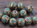 2 Beads-Nepalese oval shape brass beads with turquoise inlay from Nepal - BD520