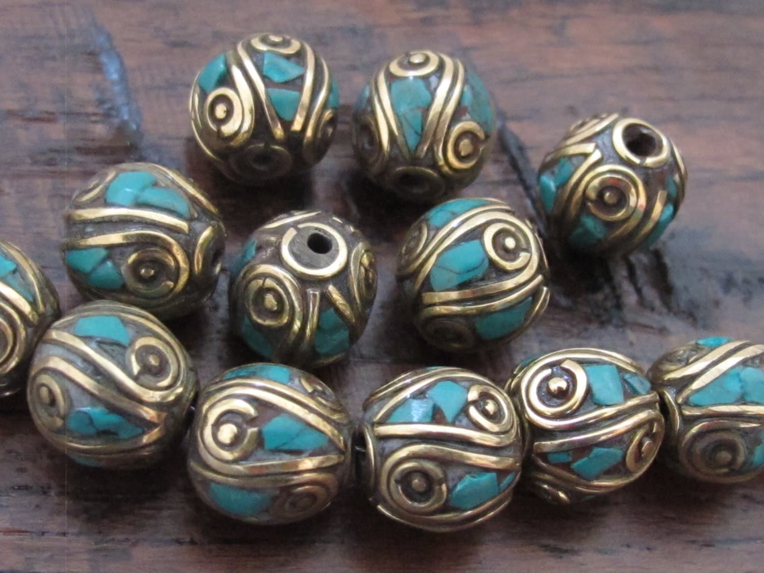2 Beads-Nepalese oval shape brass beads with turquoise inlay from Nepal - BD520
