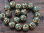 2 Beads-Nepalese oval shape brass beads with turquoise inlay from Nepal - BD520