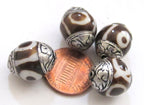 Tibetan silver capped batik dzi design bone bead - 1 bead - BD522A