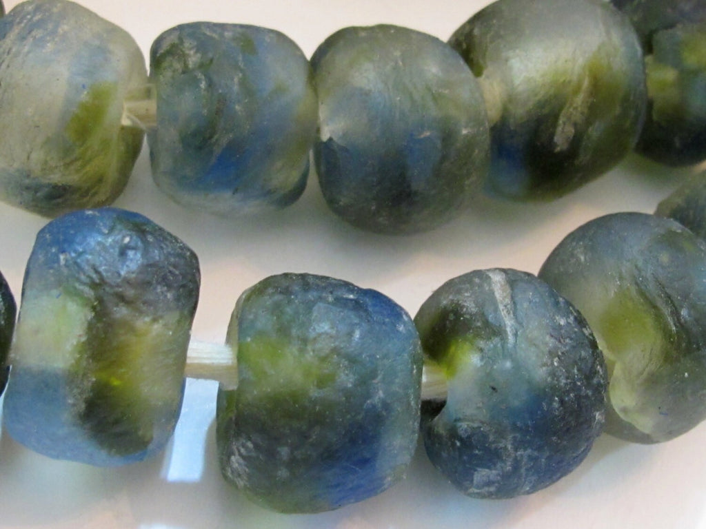4 BEADS - 20 mm to 23 mm size Large thick recycled peacock blue green african glass beads - AB001