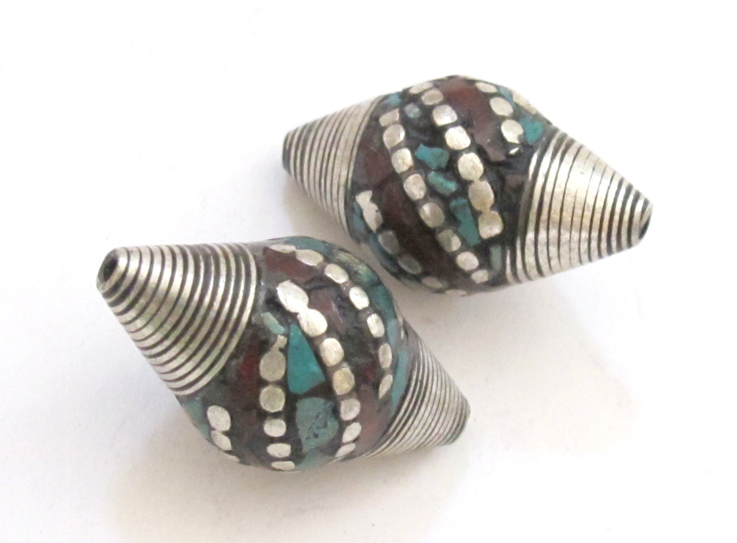 1 BEAD - Large bicone Tibetan silver bead with turquoise coral dotted inlay - BD523