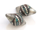 1 BEAD - Large bicone Tibetan silver bead with turquoise coral dotted inlay - BD523