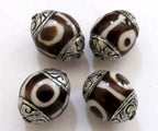 Tibetan silver capped batik dzi design bone bead - 1 bead - BD522A