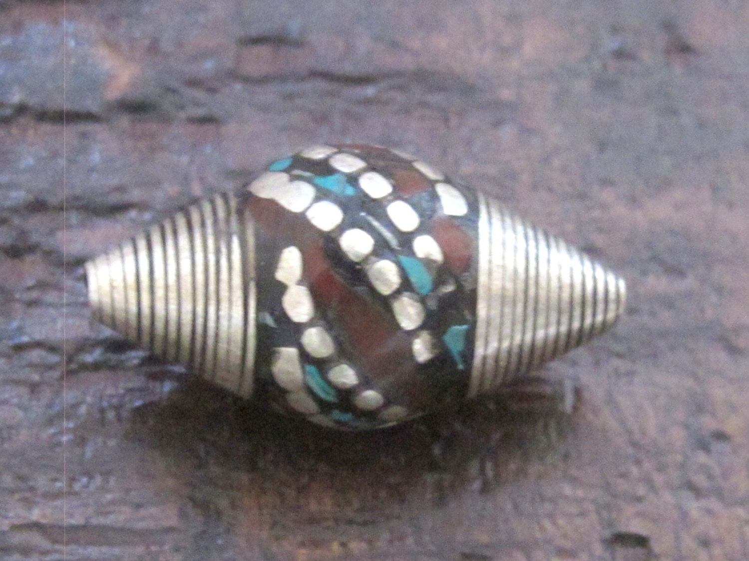 1 BEAD - Large bicone Tibetan silver bead with turquoise coral dotted inlay - BD523