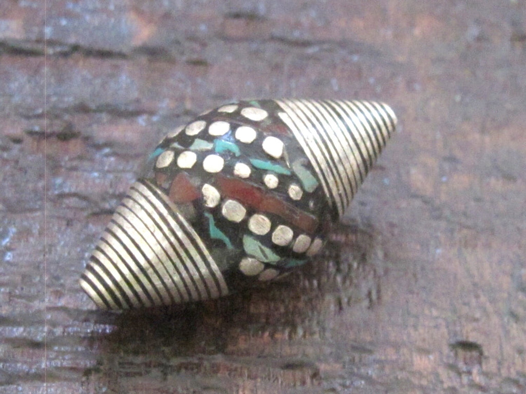 1 BEAD - Large bicone Tibetan silver bead with turquoise coral dotted inlay - BD523