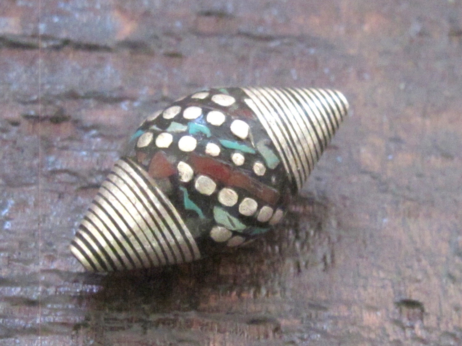 1 BEAD - Large bicone Tibetan silver bead with turquoise coral dotted inlay - BD523