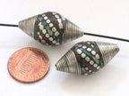 1 BEAD - Large bicone Tibetan silver bead with turquoise coral dotted inlay - BD523
