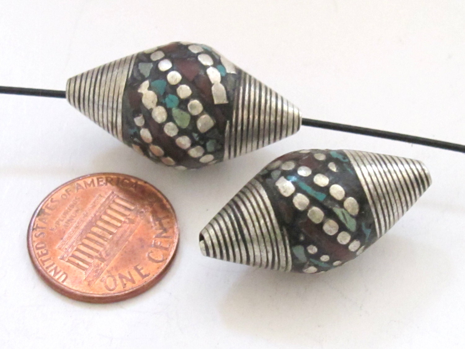 1 BEAD - Large bicone Tibetan silver bead with turquoise coral dotted inlay - BD523