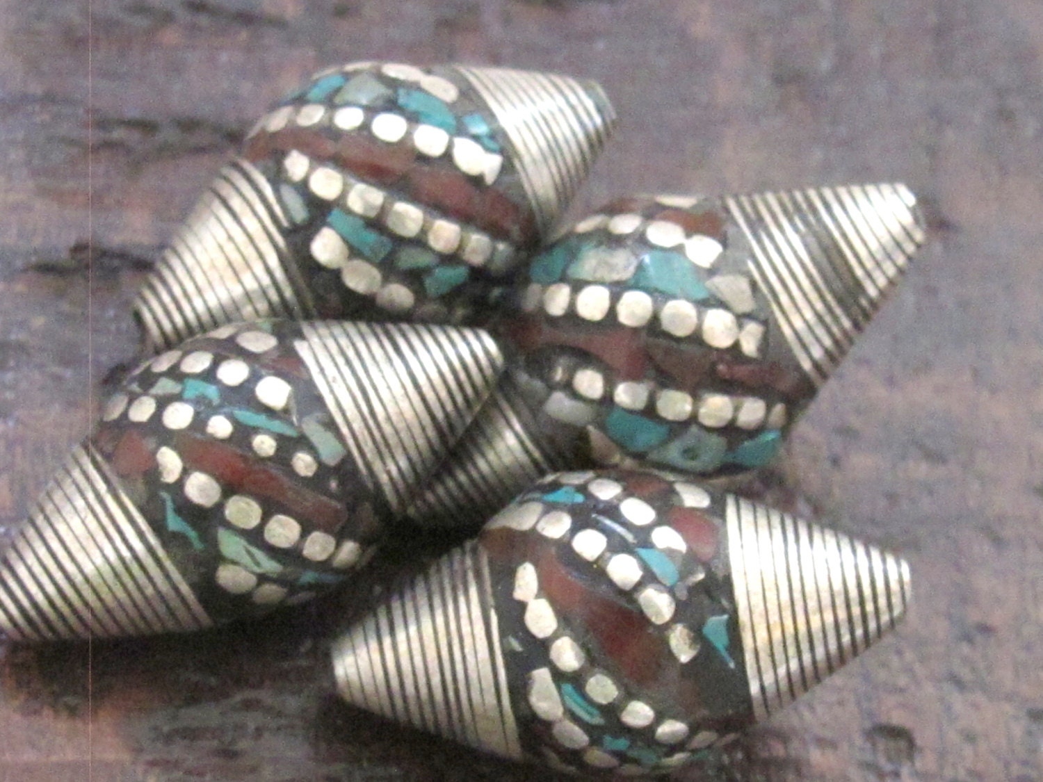1 BEAD - Large bicone Tibetan silver bead with turquoise coral dotted inlay - BD523