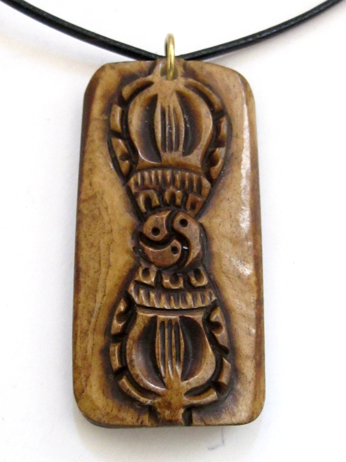 1 Pendant - Large Carved Tibetan Vajra Dorje rectangular convex bar shape recycled cattle bone pendant - PB072