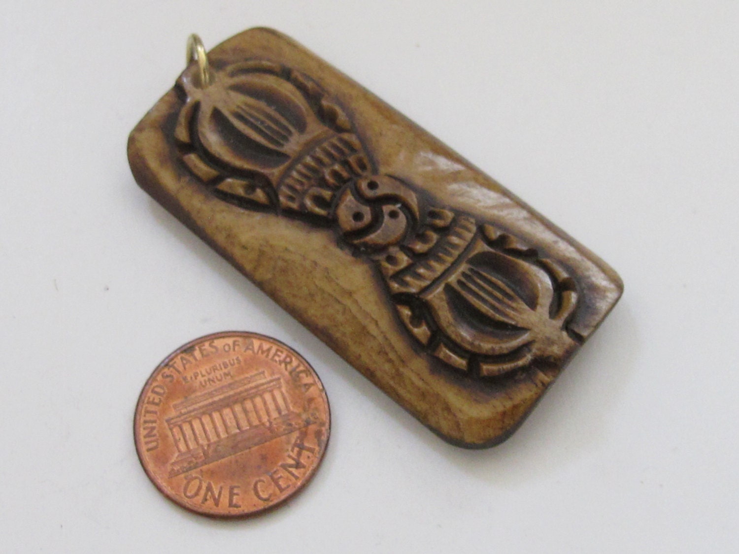 1 Pendant - Large Carved Tibetan Vajra Dorje rectangular convex bar shape recycled cattle bone pendant - PB072