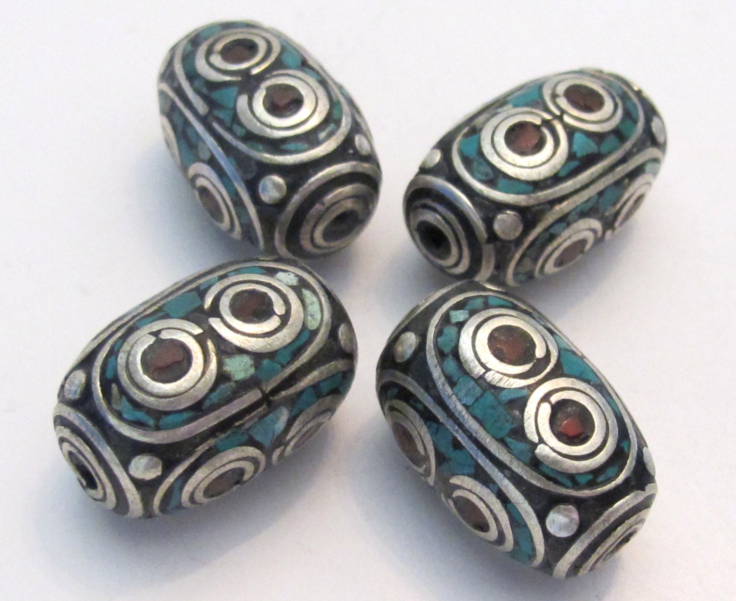 1 Bead - Thick long Tibetan silver inlaid bead with coral and turquoise - BD531