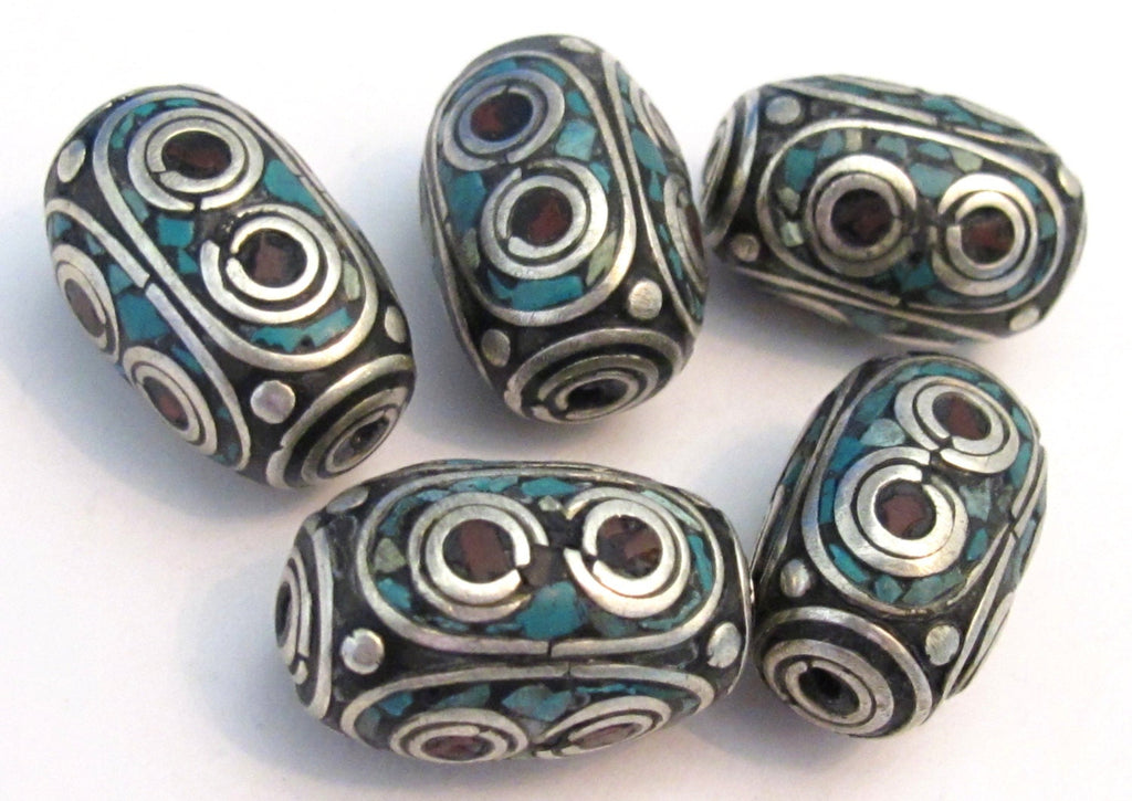 1 Bead - Thick long Tibetan silver inlaid bead with coral and turquoise - BD531