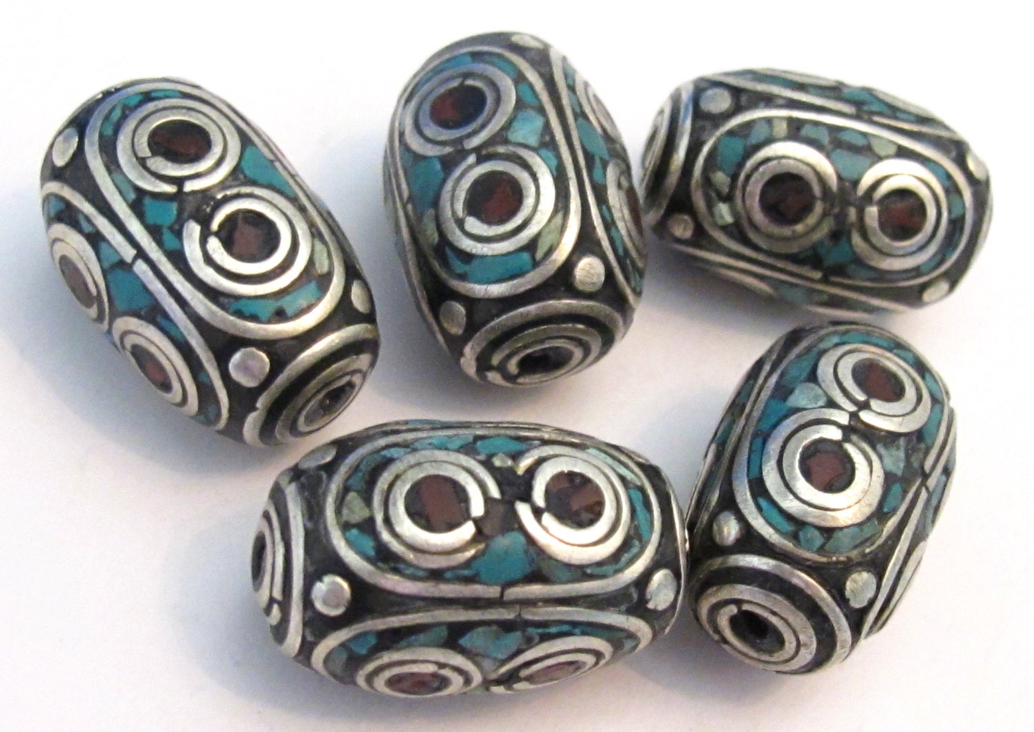 1 Bead - Thick long Tibetan silver inlaid bead with coral and turquoise - BD531