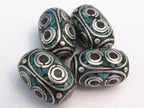 1 Bead - Thick long Tibetan silver inlaid bead with coral and turquoise - BD531