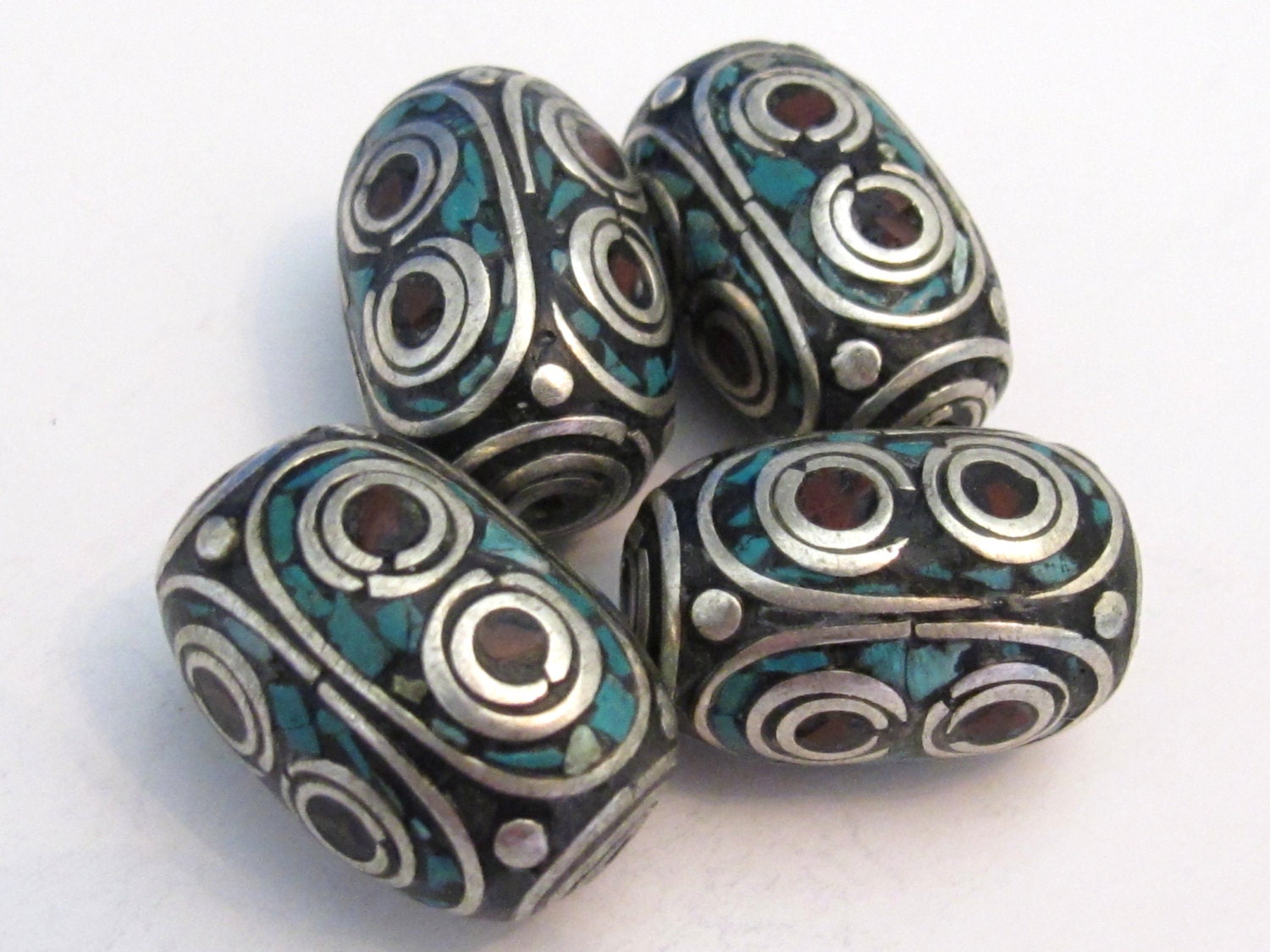 1 Bead - Thick long Tibetan silver inlaid bead with coral and turquoise - BD531
