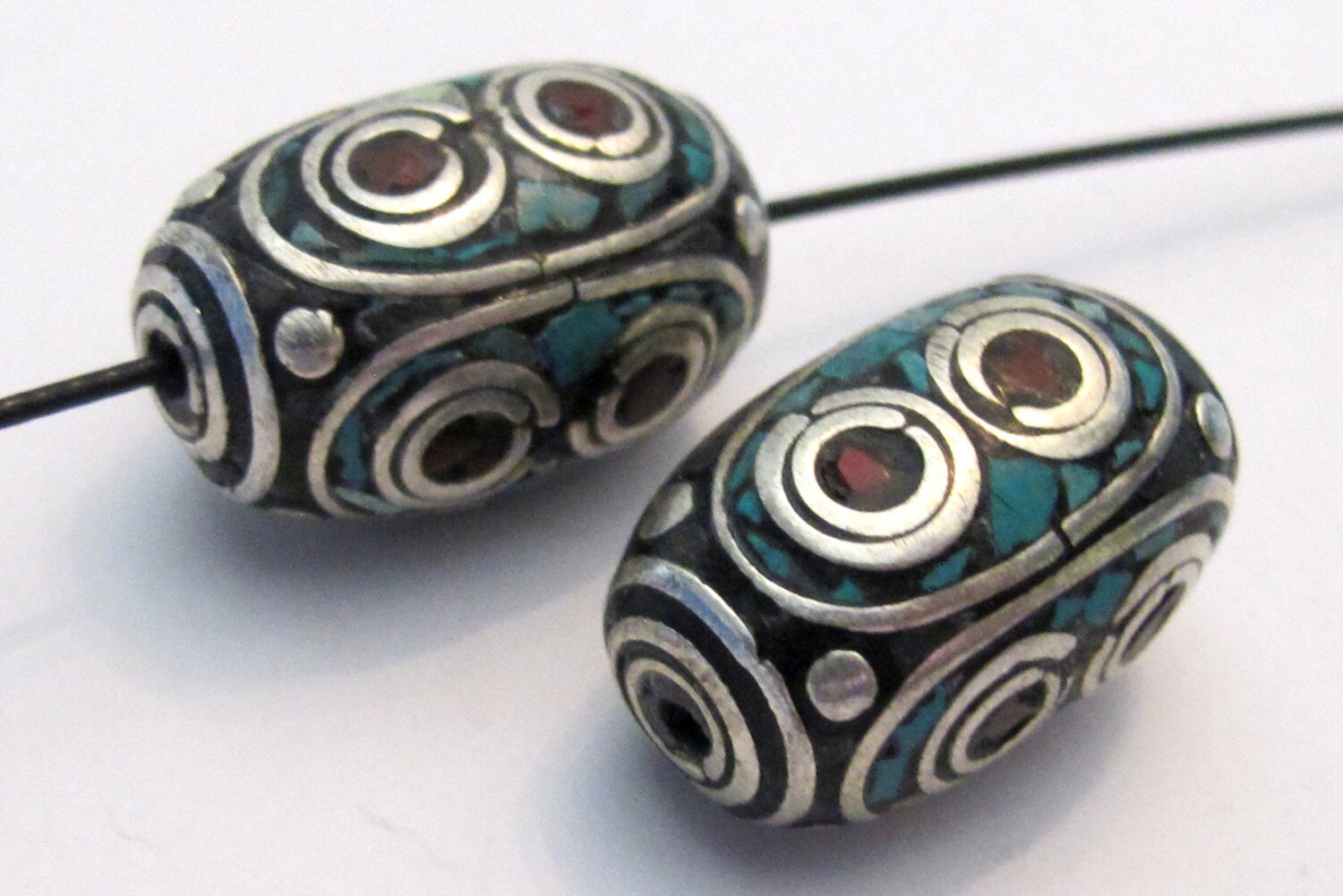 1 Bead - Thick long Tibetan silver inlaid bead with coral and turquoise - BD531