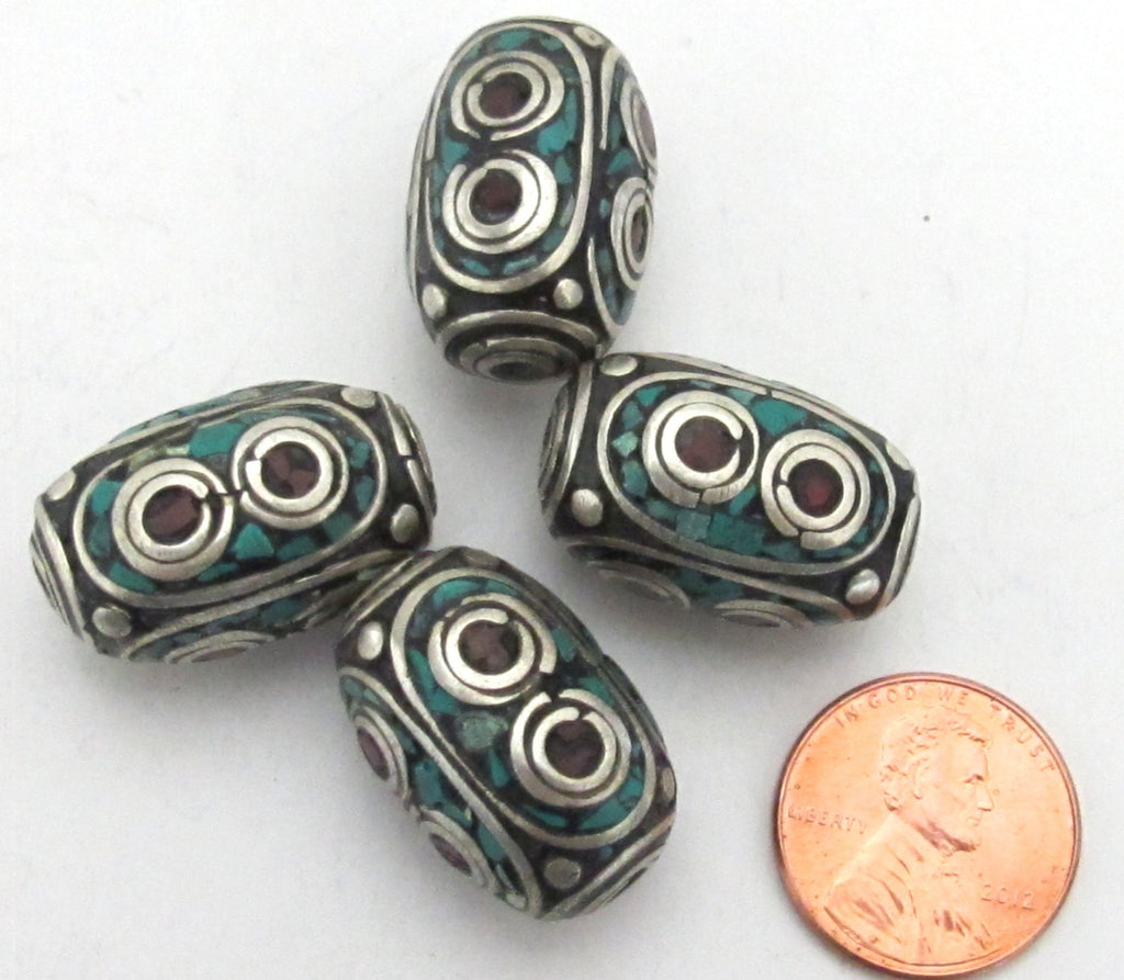 1 Bead - Thick long Tibetan silver inlaid bead with coral and turquoise - BD531