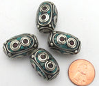 1 Bead - Thick long Tibetan silver inlaid bead with coral and turquoise - BD531