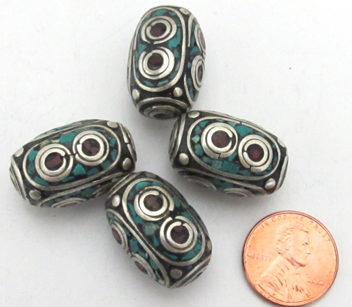 1 Bead - Thick long Tibetan silver inlaid bead with coral and turquoise - BD531