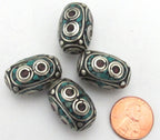 1 Bead - Thick long Tibetan silver inlaid bead with coral and turquoise - BD531
