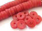10 BEADS - Salmon pink reddish coral color African recycled glass donut shape disc beads - AB016