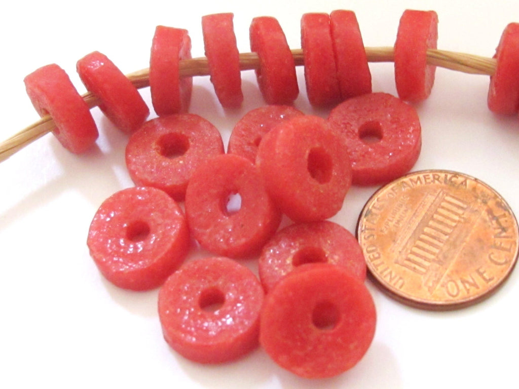 10 BEADS - Salmon pink reddish coral color African recycled glass donut shape disc beads - AB016