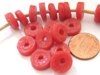 10 BEADS - Salmon pink reddish coral color African recycled glass donut shape disc beads - AB016