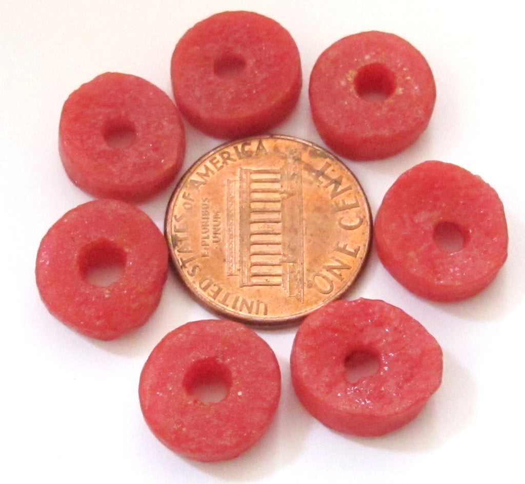 10 BEADS - Salmon pink reddish coral color African recycled glass donut shape disc beads - AB016