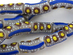 8 BEADS - Long blue white dotted African krobo ghana glass beads- AB024