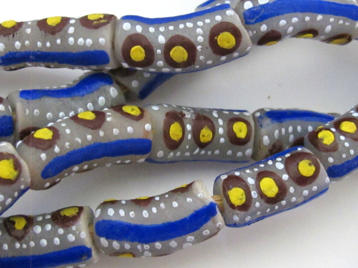 8 BEADS - Long blue white dotted African krobo ghana glass beads- AB024