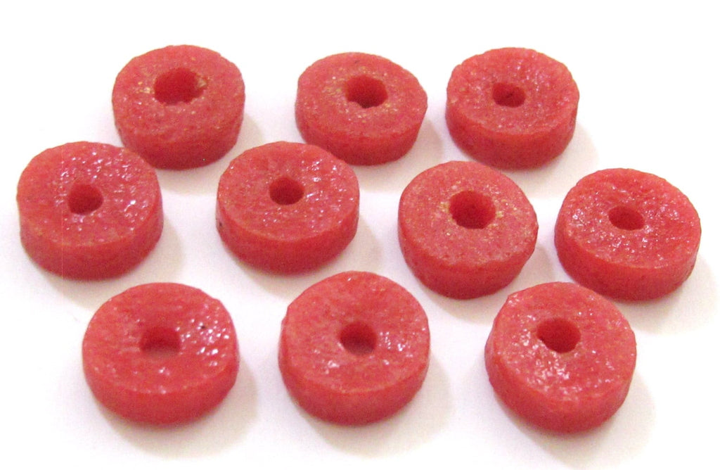 10 BEADS - Salmon pink reddish coral color African recycled glass donut shape disc beads - AB016