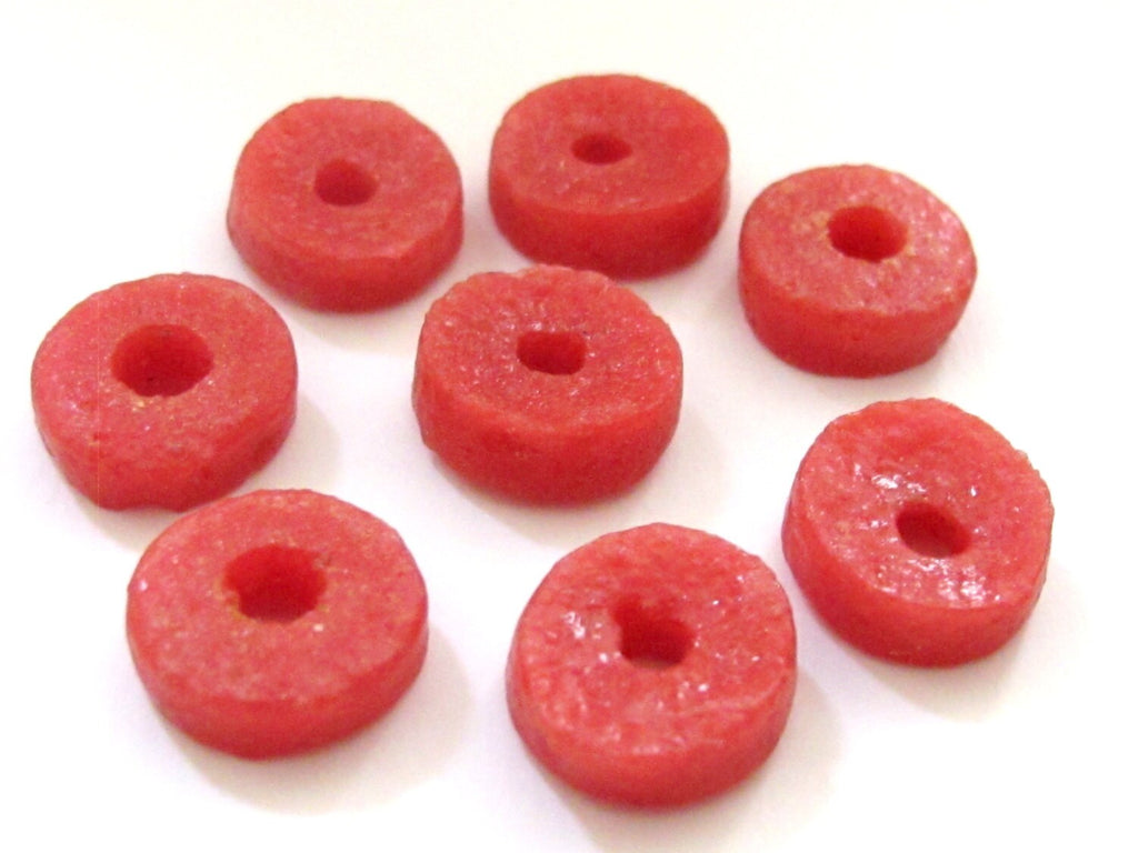 10 BEADS - Salmon pink reddish coral color African recycled glass donut shape disc beads - AB016