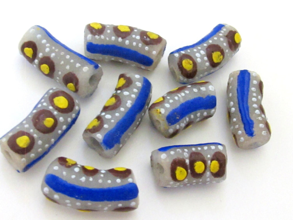 8 BEADS - Long blue white dotted African krobo ghana glass beads- AB024