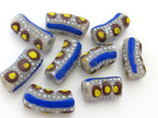 8 BEADS - Long blue white dotted African krobo ghana glass beads- AB024