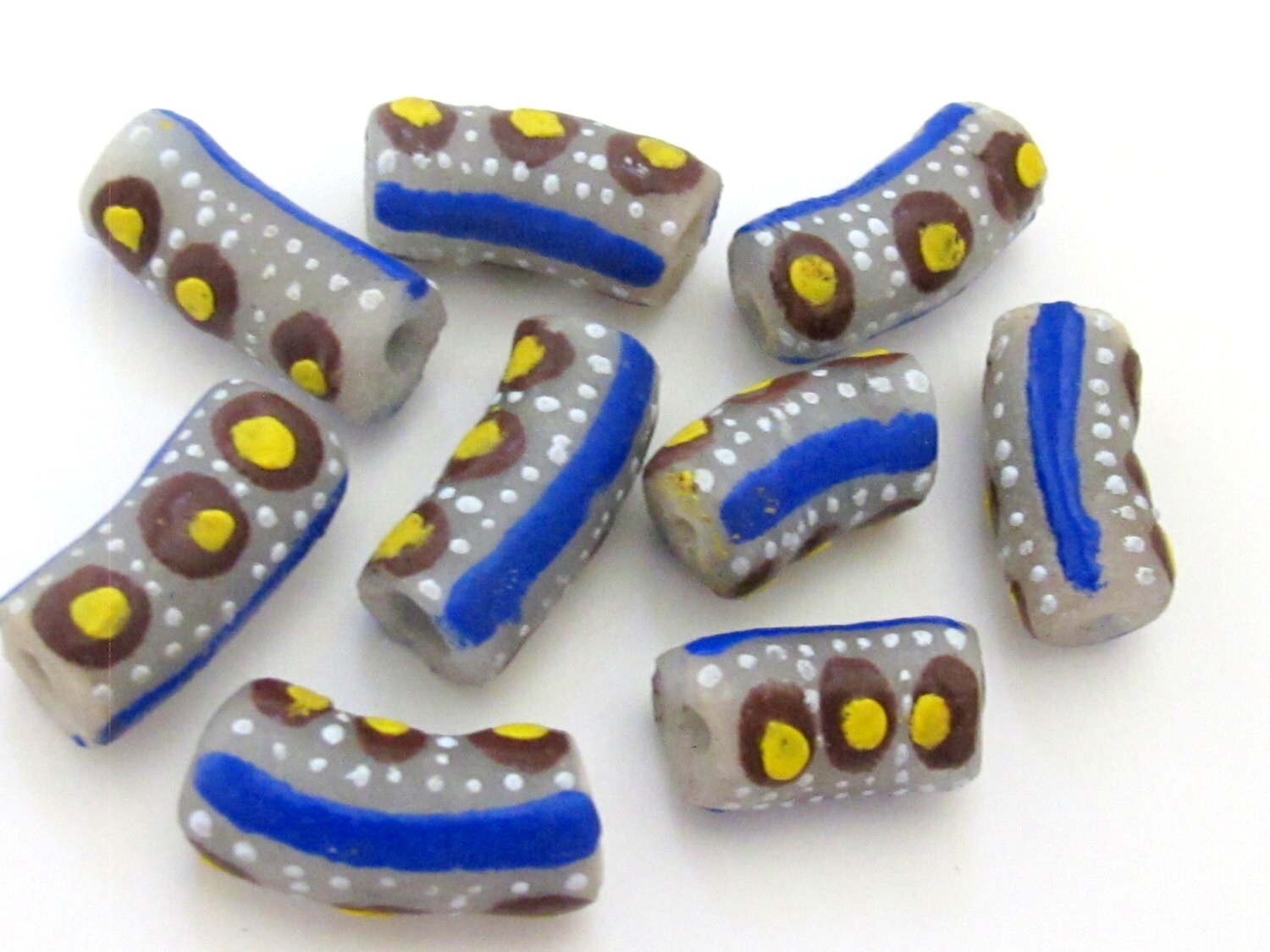 8 BEADS - Long blue white dotted African krobo ghana glass beads- AB024