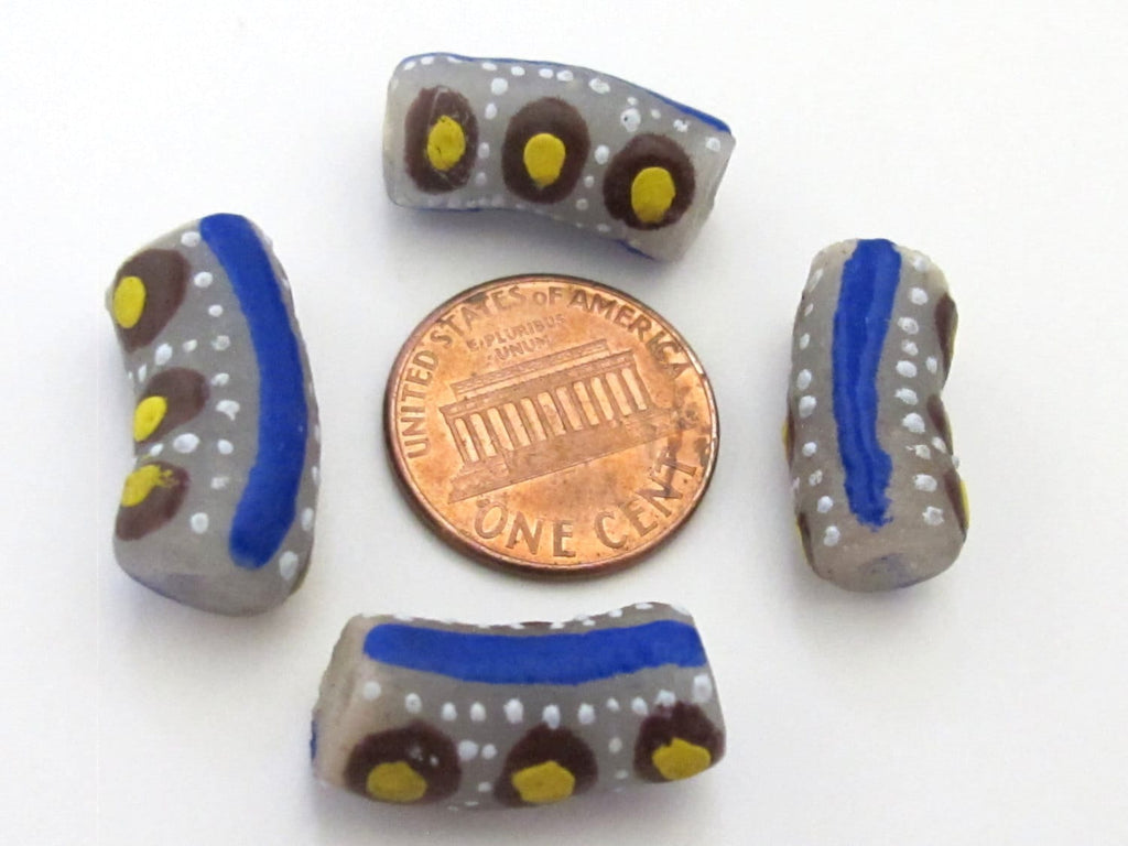 8 BEADS - Long blue white dotted African krobo ghana glass beads- AB024