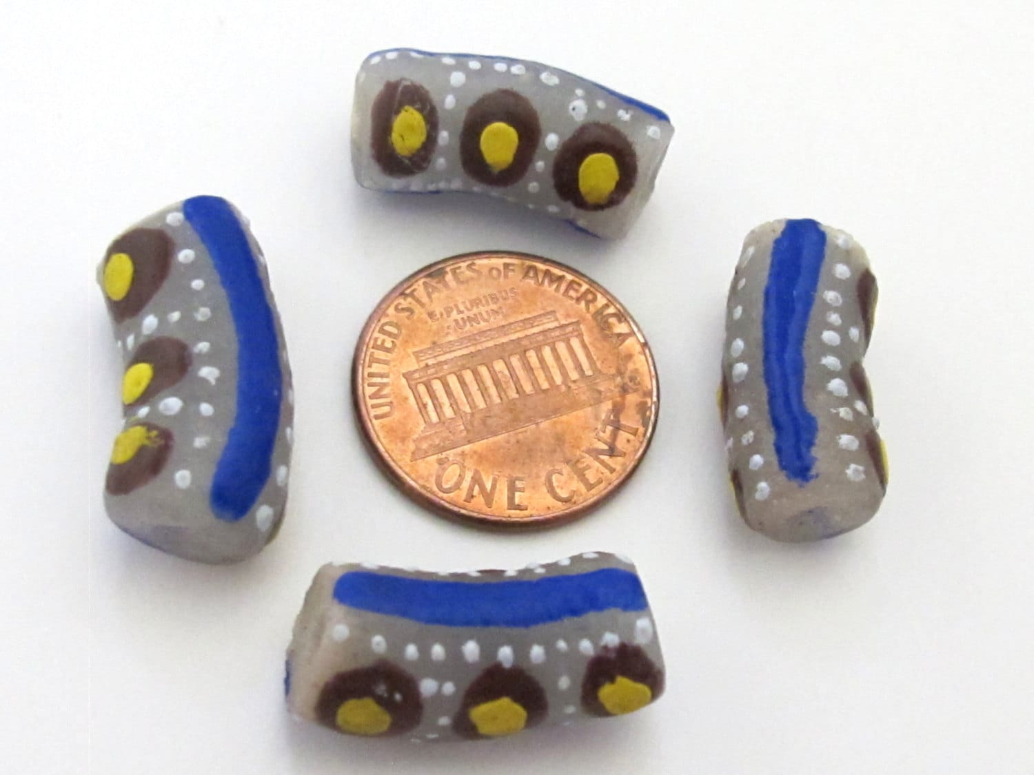 8 BEADS - Long blue white dotted African krobo ghana glass beads- AB024