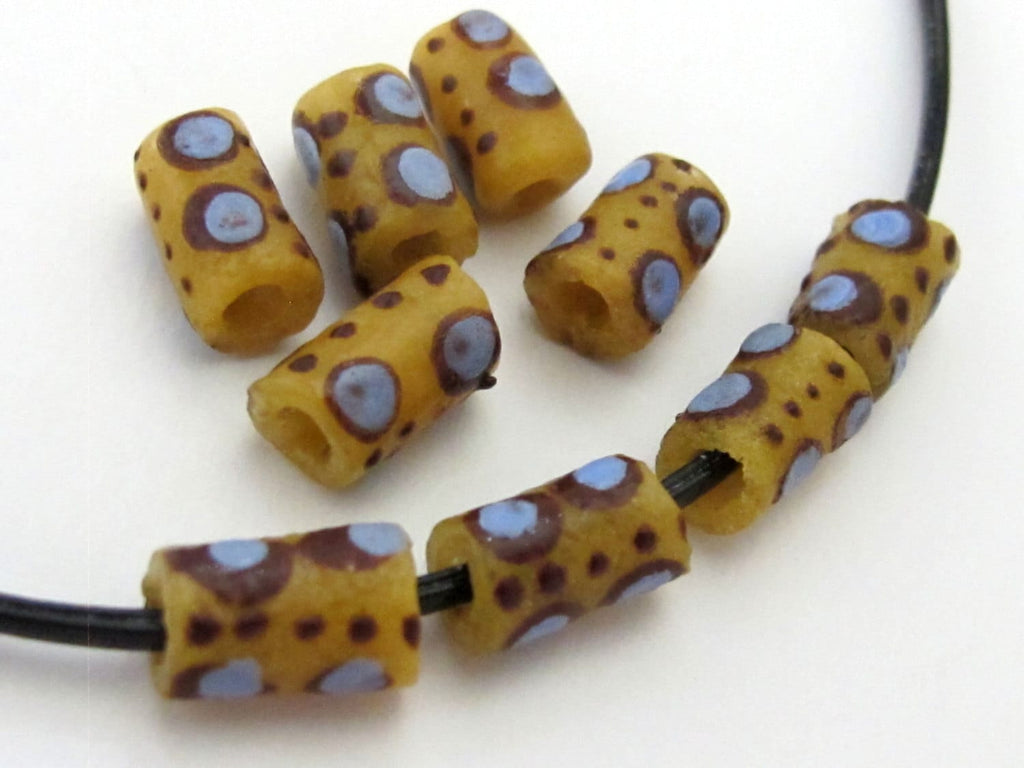 8 BEADS - Mustard yellow African krobo ghana glass beads 13 mm long - AB025