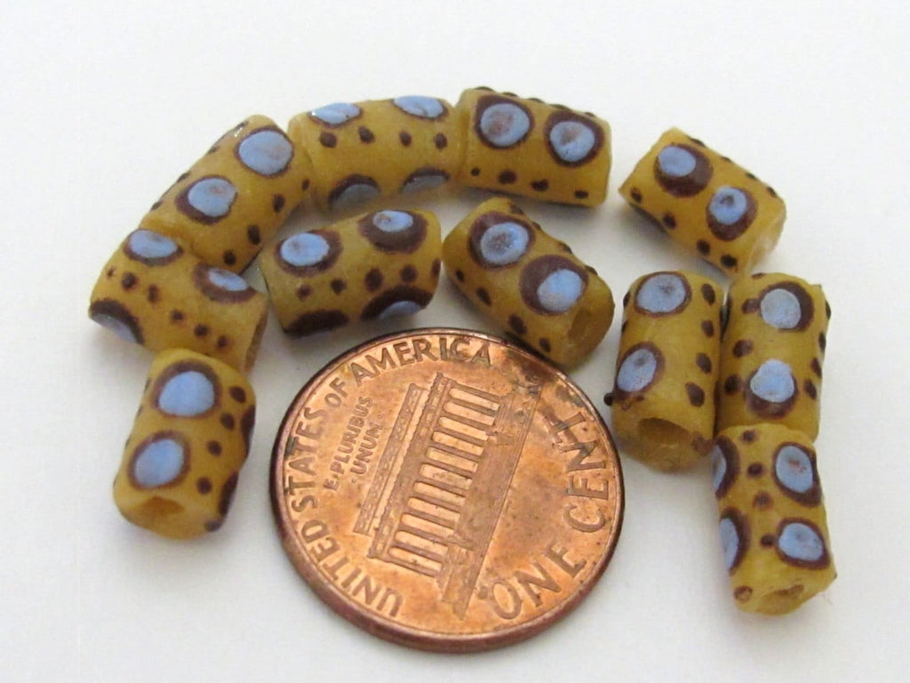 8 BEADS - Mustard yellow African krobo ghana glass beads 13 mm long - AB025