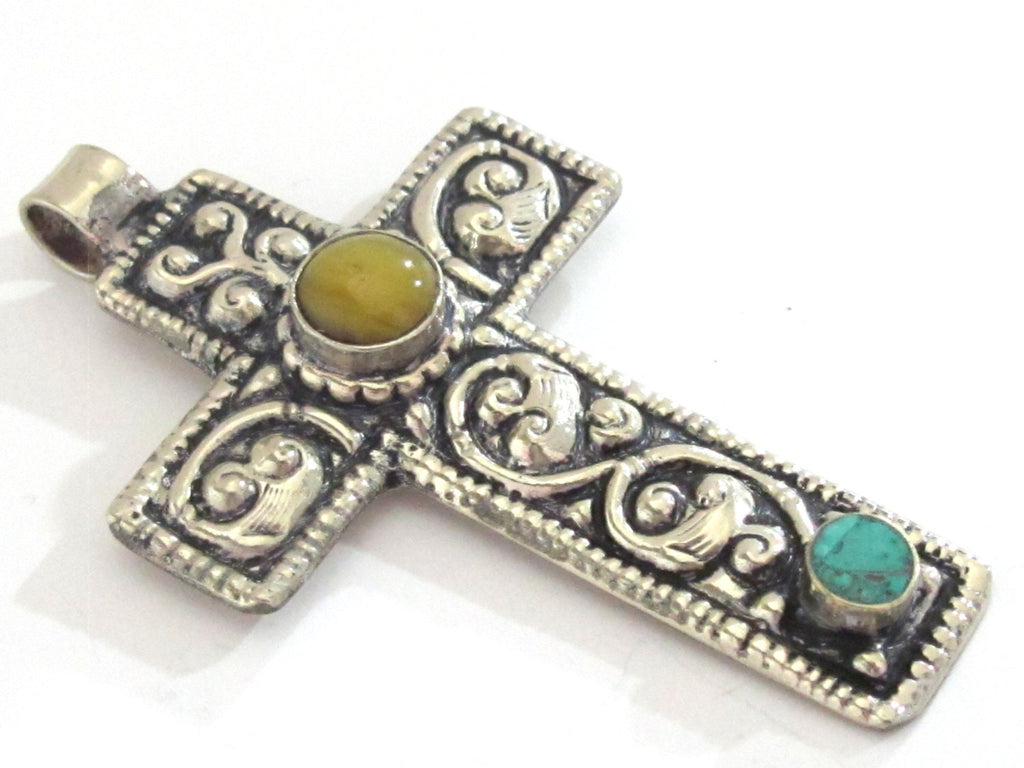 Tibetan silver floral design cross pendant from Nepal with agate and turquoise inlay - PM210K