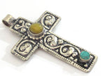 Tibetan silver floral design cross pendant from Nepal with agate and turquoise inlay - PM210K