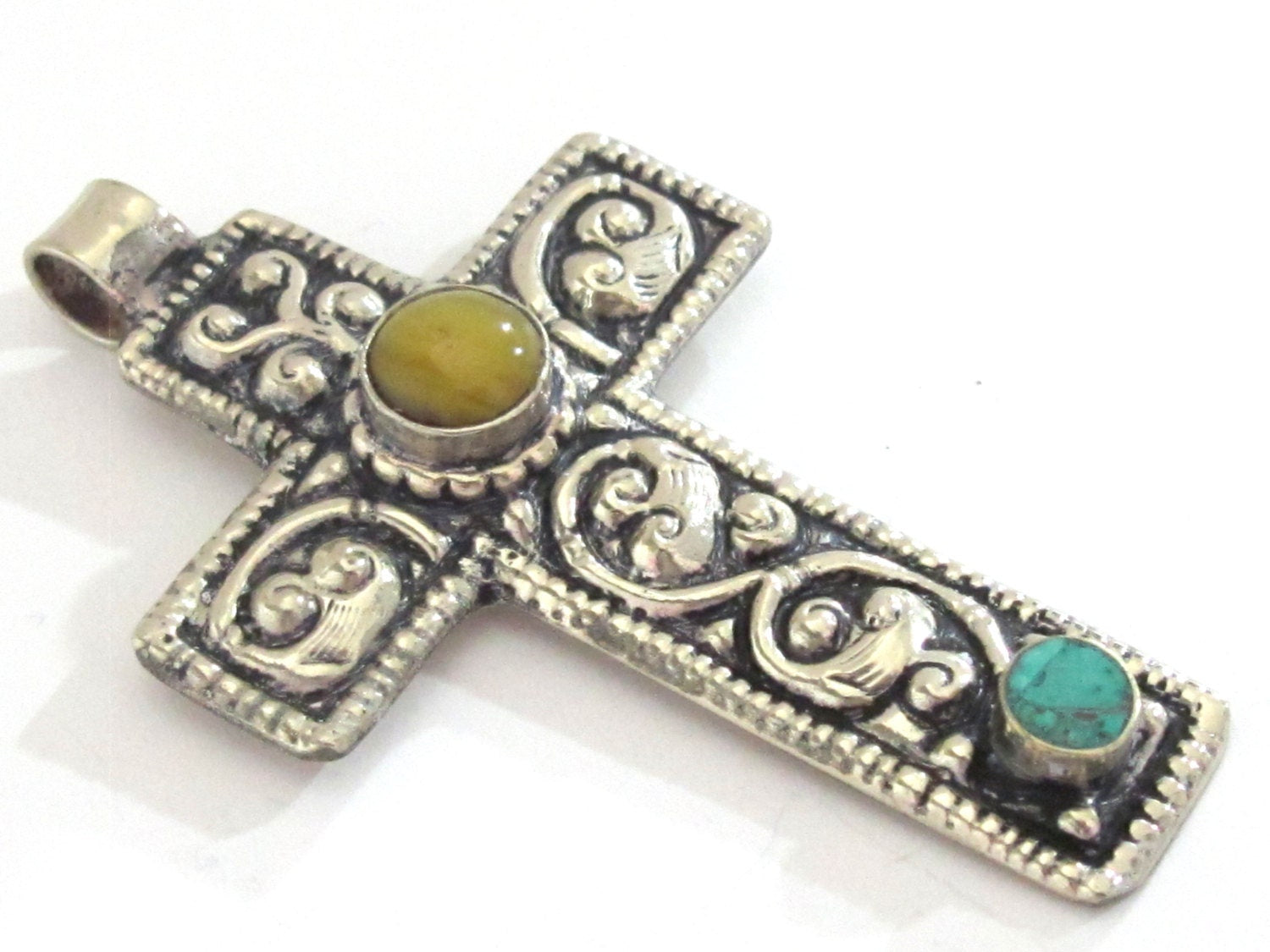 Tibetan silver floral design cross pendant from Nepal with agate and turquoise inlay - PM210K