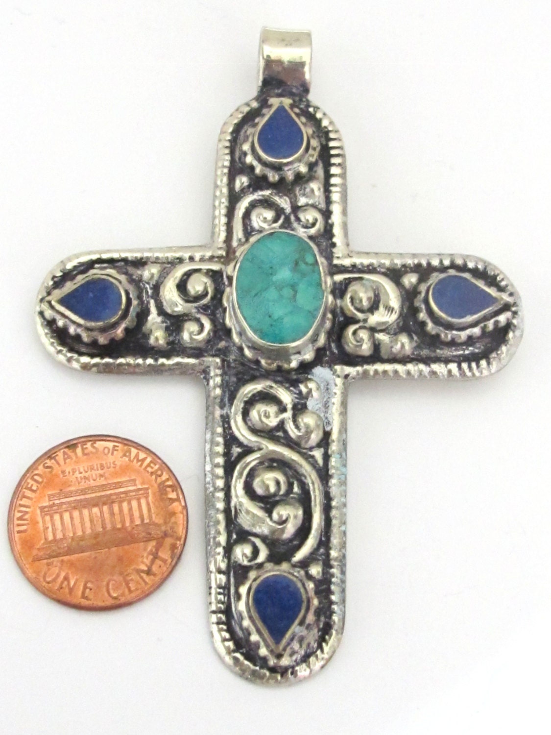 Tibetan silver floral design cross pendant from Nepal with lapis and turquoise inlay - PM210B