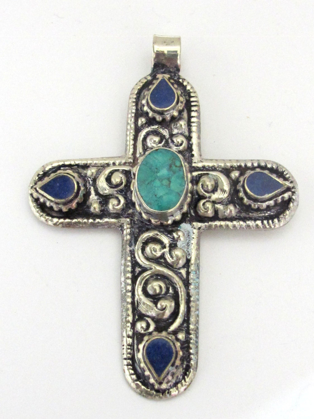 Tibetan silver floral design cross pendant from Nepal with lapis and turquoise inlay - PM210B